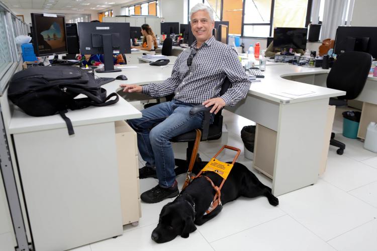 Uma pessoa sentada em uma bancada com um cão guia em ambiente de escritorio